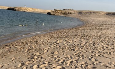 Plage désertique de Sharm el-Naga avec du sable et la mer.