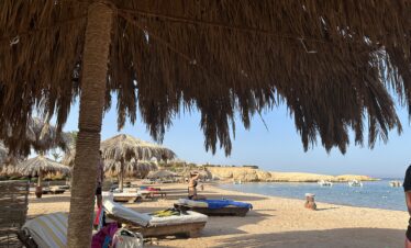 Vue sous un parasol sur des transats et des parasols, avec des touristes sur la plage de Sharm el-Naga.