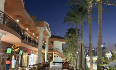 Terrasse extérieure du restaurant du Sindbad Club 4* avec vue sur l'hôtel, les palmiers et la route.