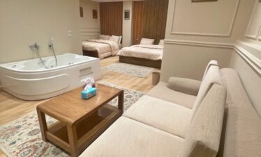 Suite spacieuse avec canapé, jacuzzi et deux lits doubles en velours marron, pour une expérience luxueuse.